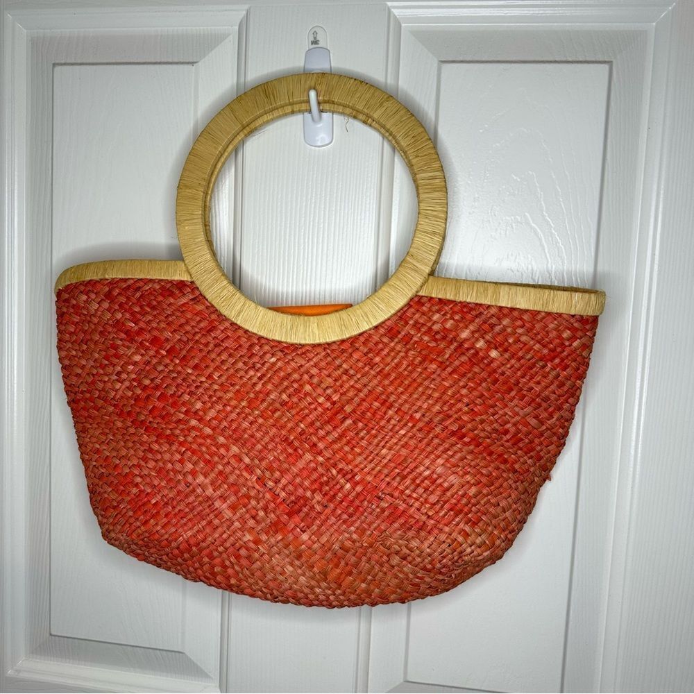 VTG Marld Orange Woven Straw Floral Medium Sz Handbag Bohemian Retro Spring 90s - Picture 5 of 9